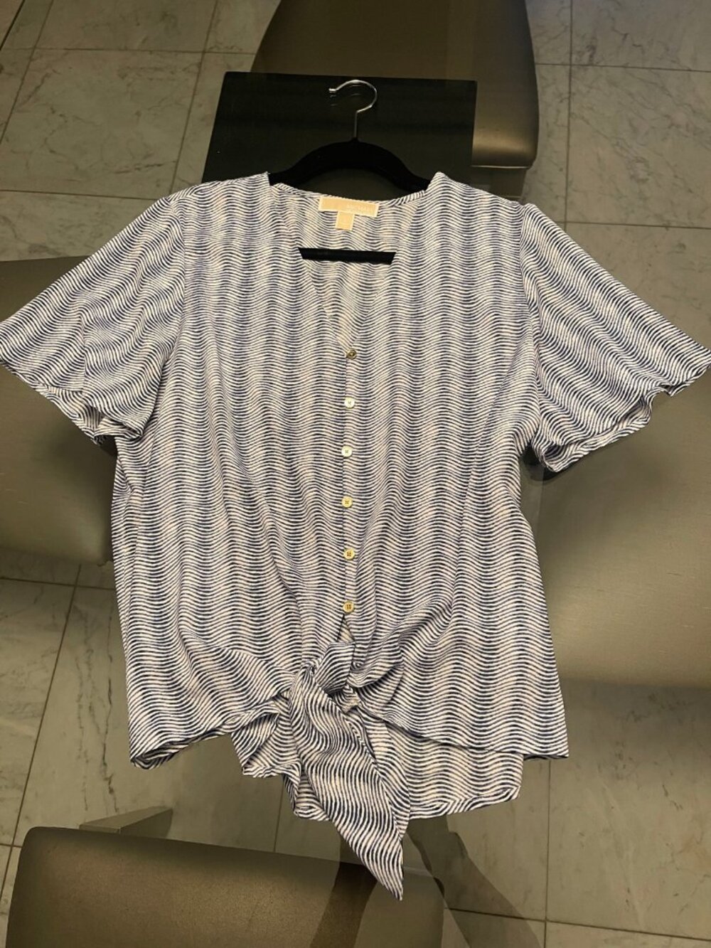 Michael Michael Kors Blue White Stripe Tie Front Blouse Sz L $120 Retail
